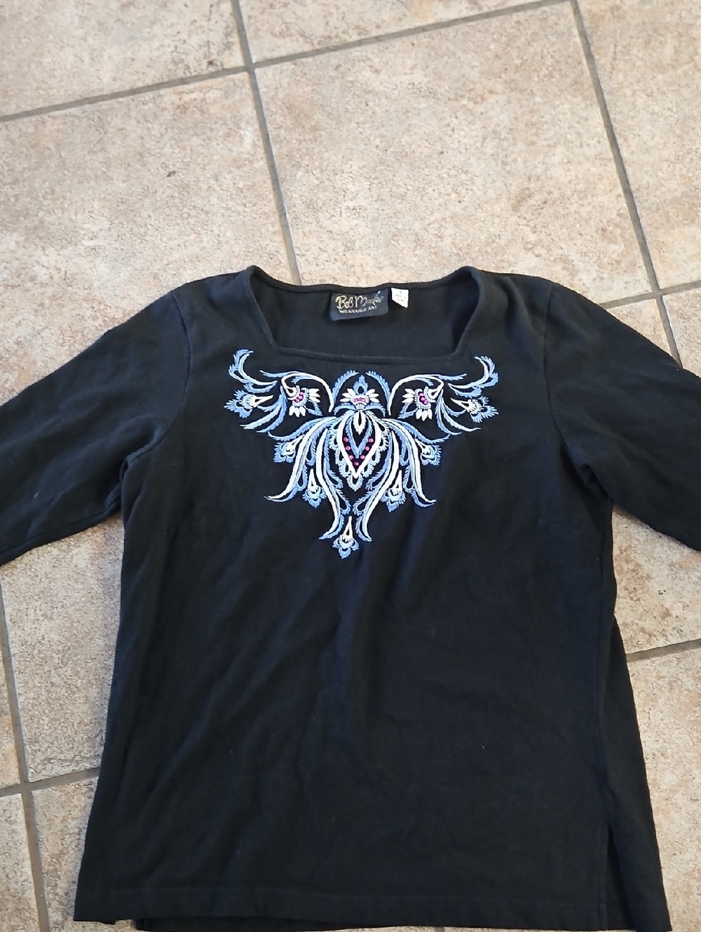 Bob Mackie Black Scoop Neck Top with Blue and Pink Embroidery